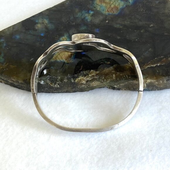 Taxco Sterling Silver Mexico Sandcast Turquoise Modernist Hinged Bangle Bracelet - Picture 6 of 16